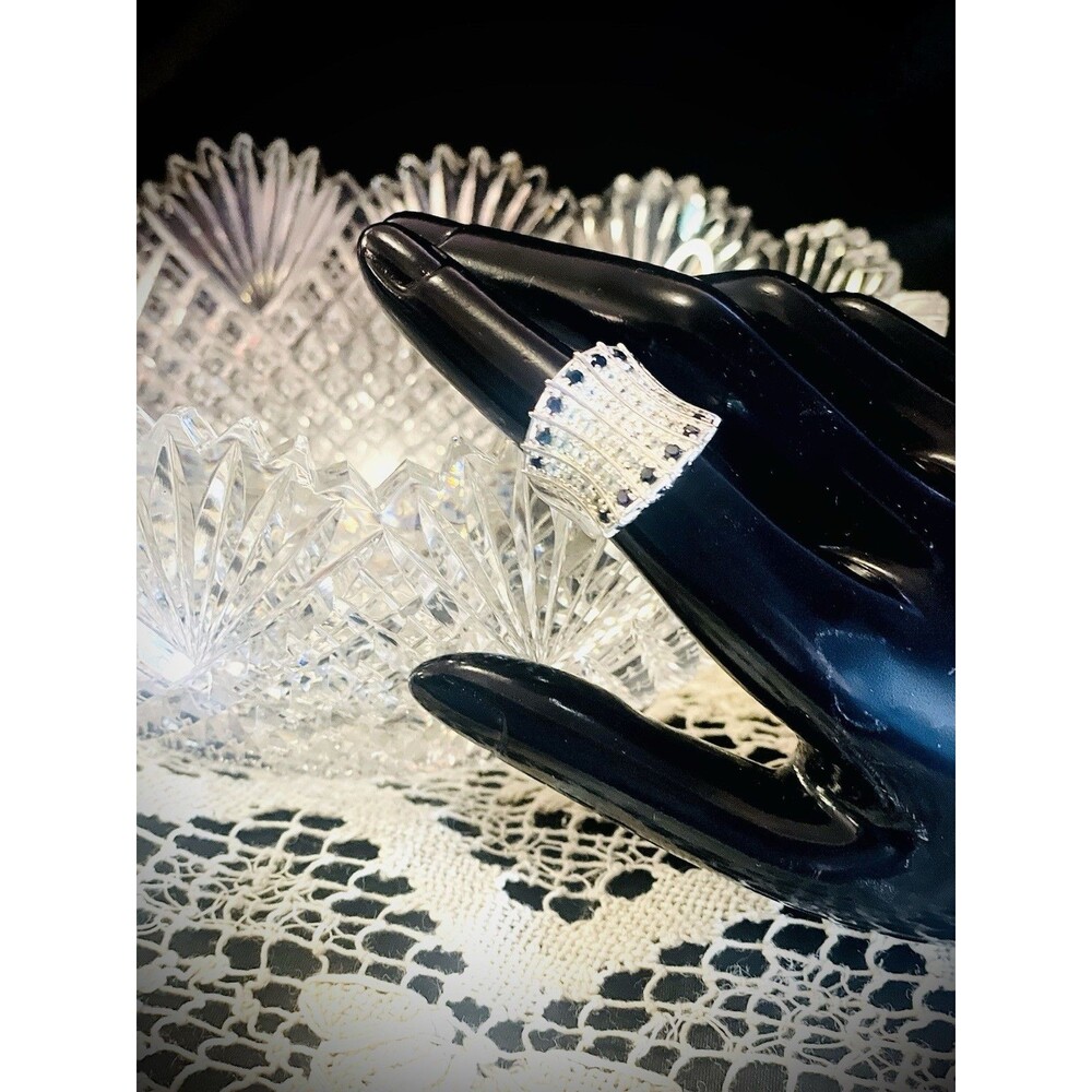 Art Deco Style Onyx & White Sapphire Cocktail Fan Sterling Silver Ring Size 5.5